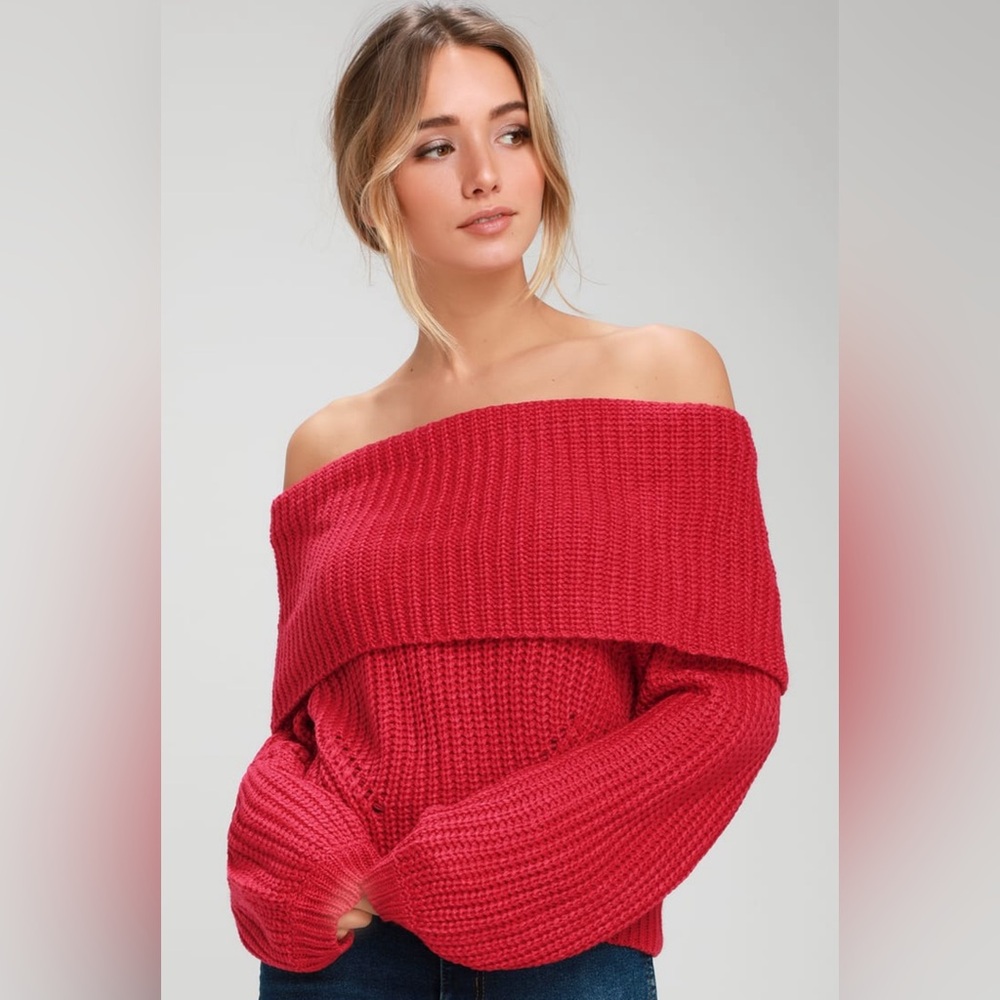 Lulu's Red Off-the-Shoulder Chunky Knit Sweater